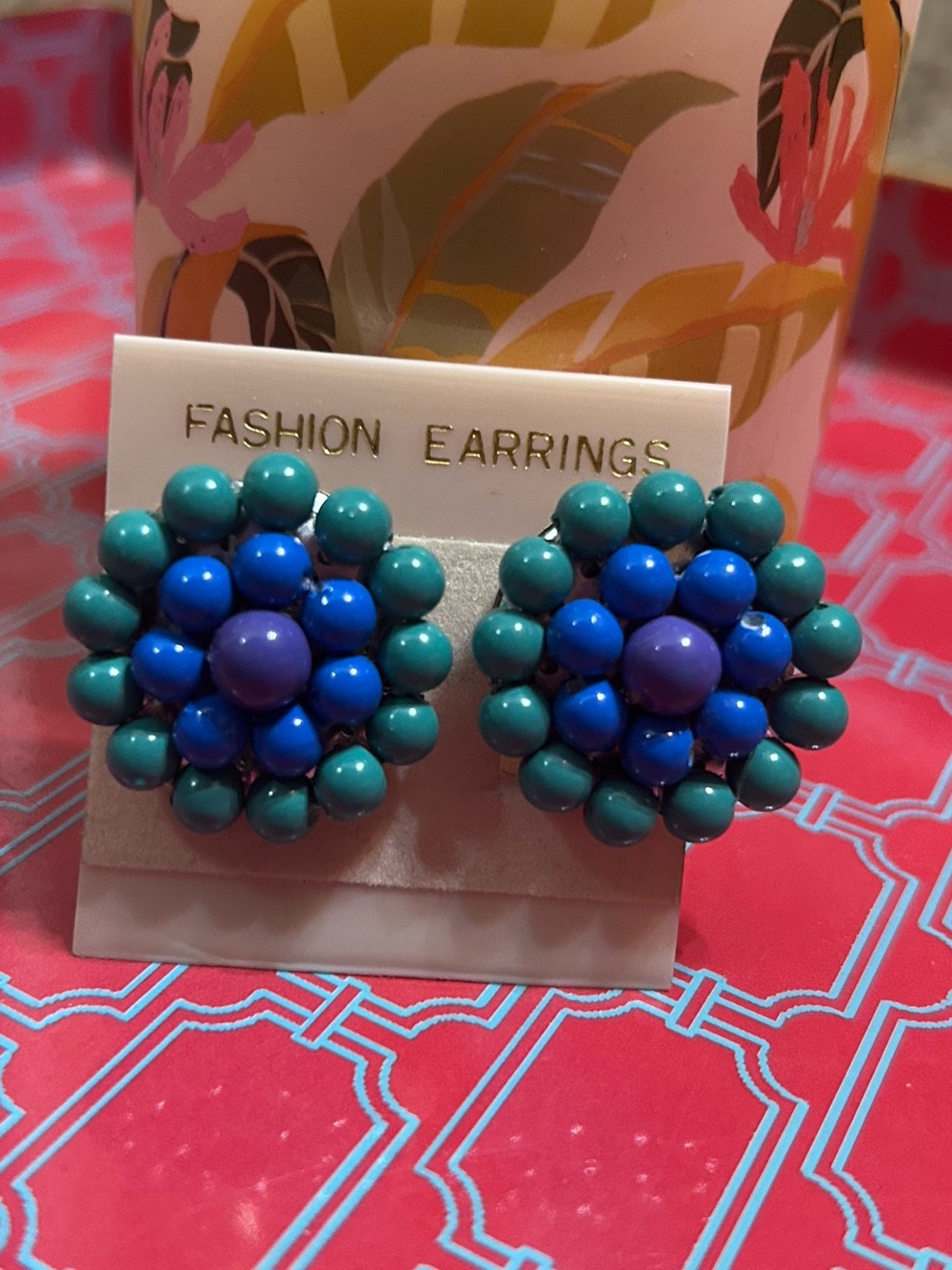 Vintage Teal, Blue & Purple Beaded Cluster Clip-On Earrings